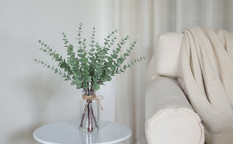 17.5" Artificial Eucalyptus Stems in Glass Vase with Faux Water,Fake Plant Eucalyptus Leaves White Seeds for Centerpiece Table Decorations Farmhouse Wedding Home Greenery Decor (Sage Green)